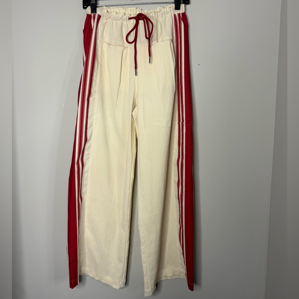Cream Wide Leg Track Pants with Red Stripes – Size Small